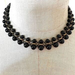 Black beaded brass tone collar necklace